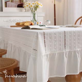 【HUAHUA】法式浪漫全棉提花桌巾 純白 鏤空 繡花 荷葉邊桌布 木耳邊茶几檯布 餐桌布 婚禮裝飾布