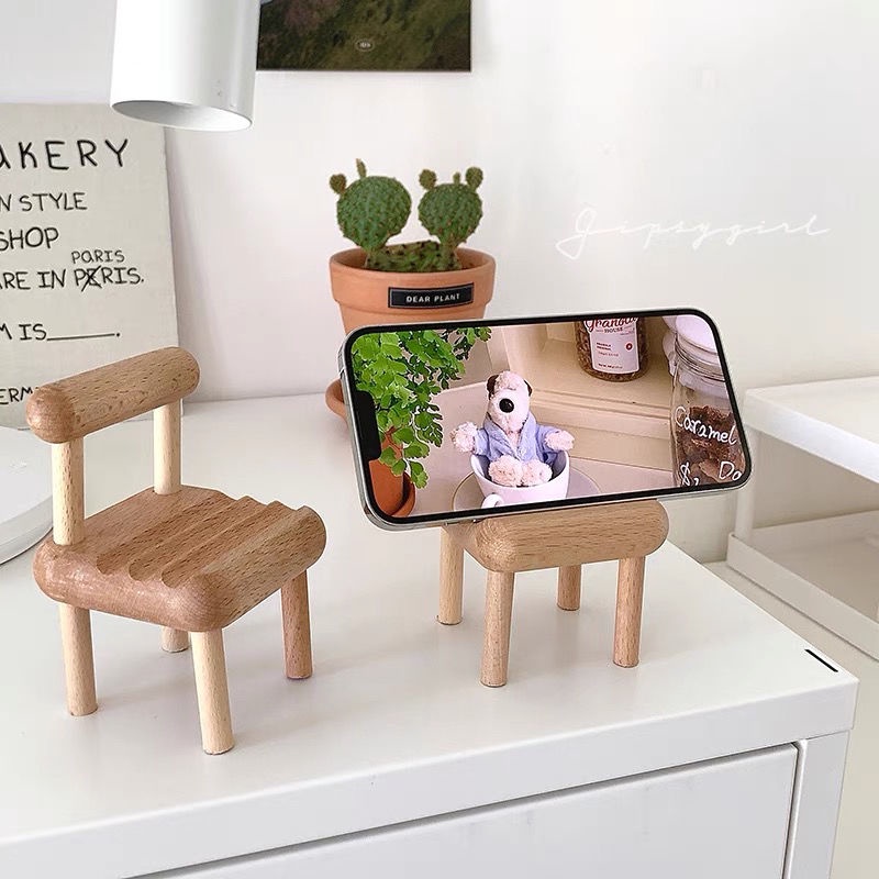 懶人手機支架 實木櫸木桌面卡通迷你椅子創意擺件 新款手機座板凳