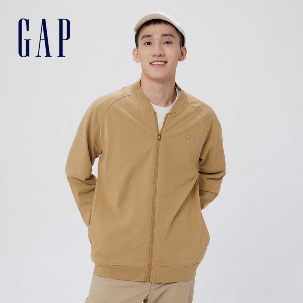Gap 男裝 Logo棒球領長袖外套 厚磅密織水洗棉系列-駝色(450967)