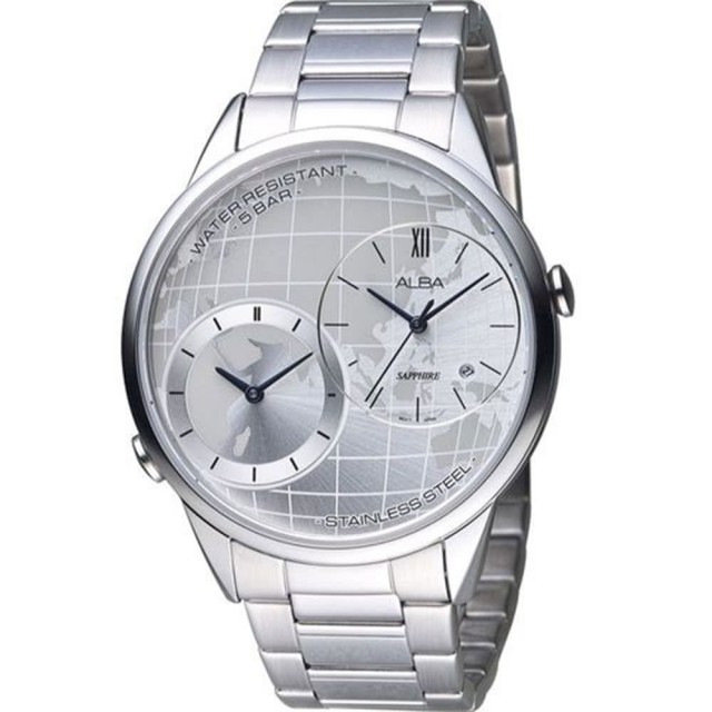 ALBA / DM03-X002S.AZ9013X1 / 率性遊玩世界日期藍寶石水晶玻璃不鏽鋼手錶 銀色 45mm