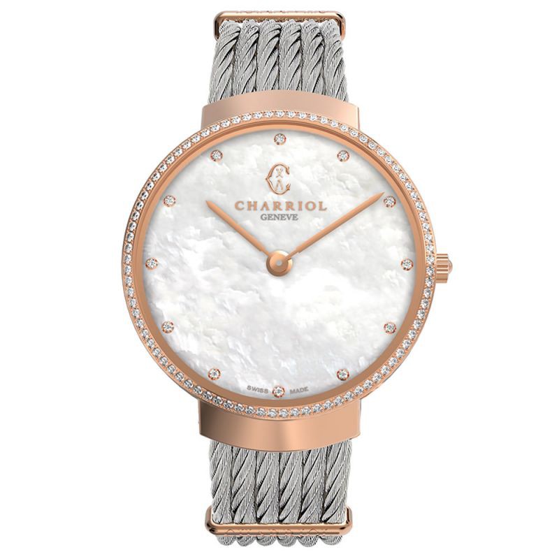 CHARRIOL夏利豪 (ST34PD1.560.015) Slim系列玫瑰金鑽石錶殼鋼索腕錶/珍珠母貝面 34mm
