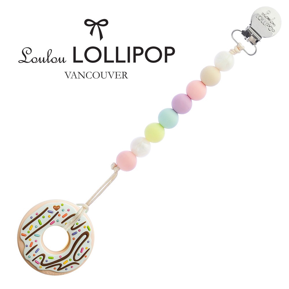 【加拿大Loulou lollipop】藍色巧克力甜甜圈 固齒器組/奶嘴鍊夾-棉花糖