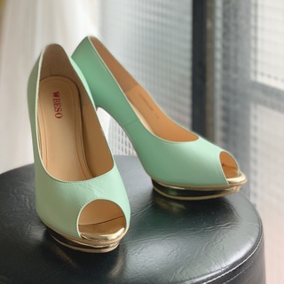蒂芬妮藍 湖水藍 時尚 魚口鞋 高跟鞋 大尺碼 性感 size 7.5