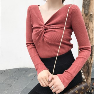 💖有貨臺灣出💖Small Puzi秋冬新品小性感顯瘦V領長袖上衣 針織衫