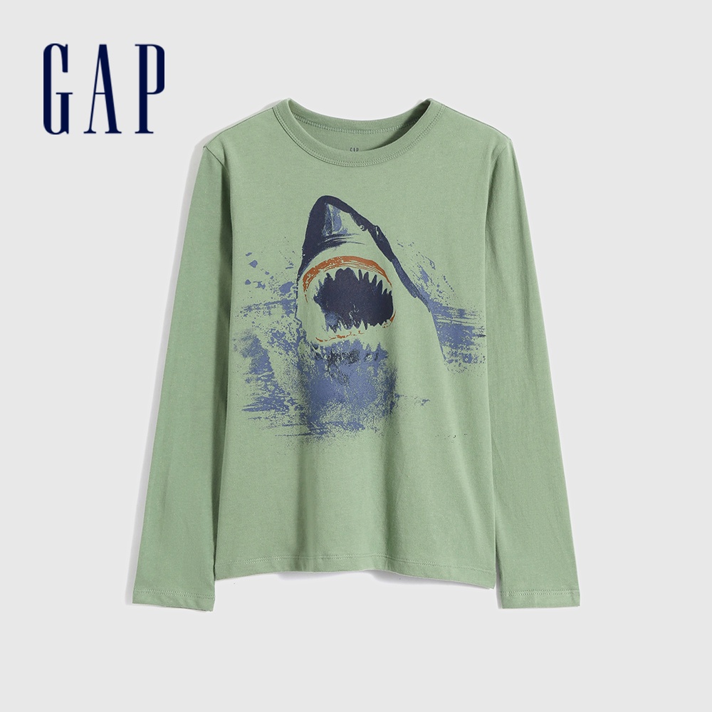 Gap 男童裝 純棉印花長袖T恤-綠色(749413)