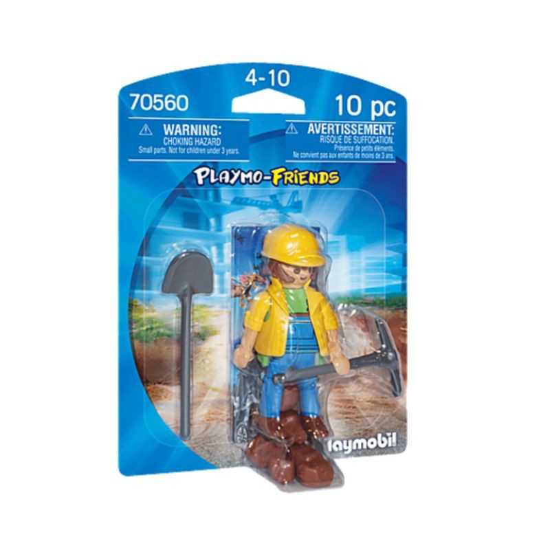 全新 Playmobil 摩比 70560 建築工人 做工的人 工人 黃色 安全帽 鬢角 吊帶褲 鐵鍬 鐵鏟 鏟子 石頭