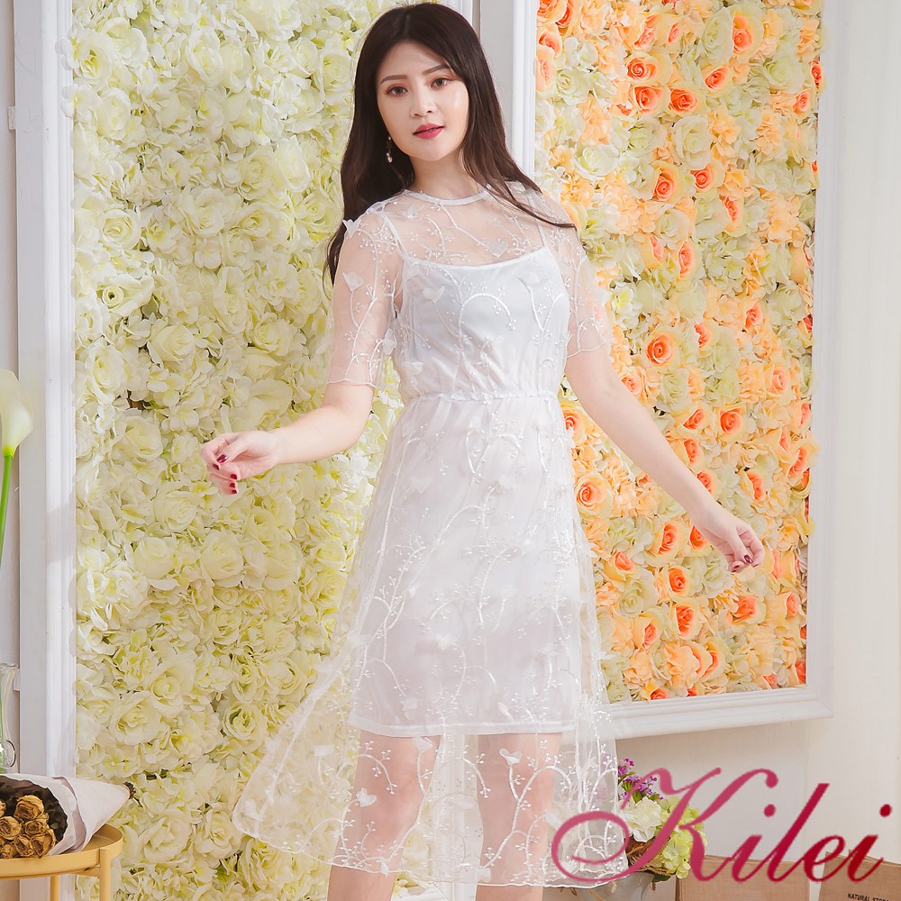 【Kilei】女裝 兩件式洋裝 連身洋裝 網紗立體花瓣長版洋裝+長版小可愛兩件式洋裝XA3725-02(優雅白)全尺碼