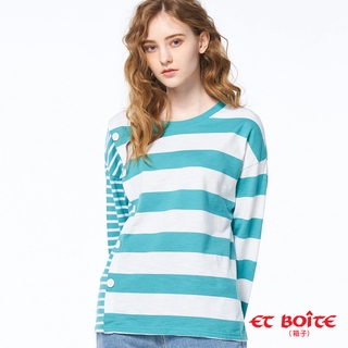 ET BOiTE 箱子 BLUE WAY - 不對稱條紋長TEE(綠)/00917