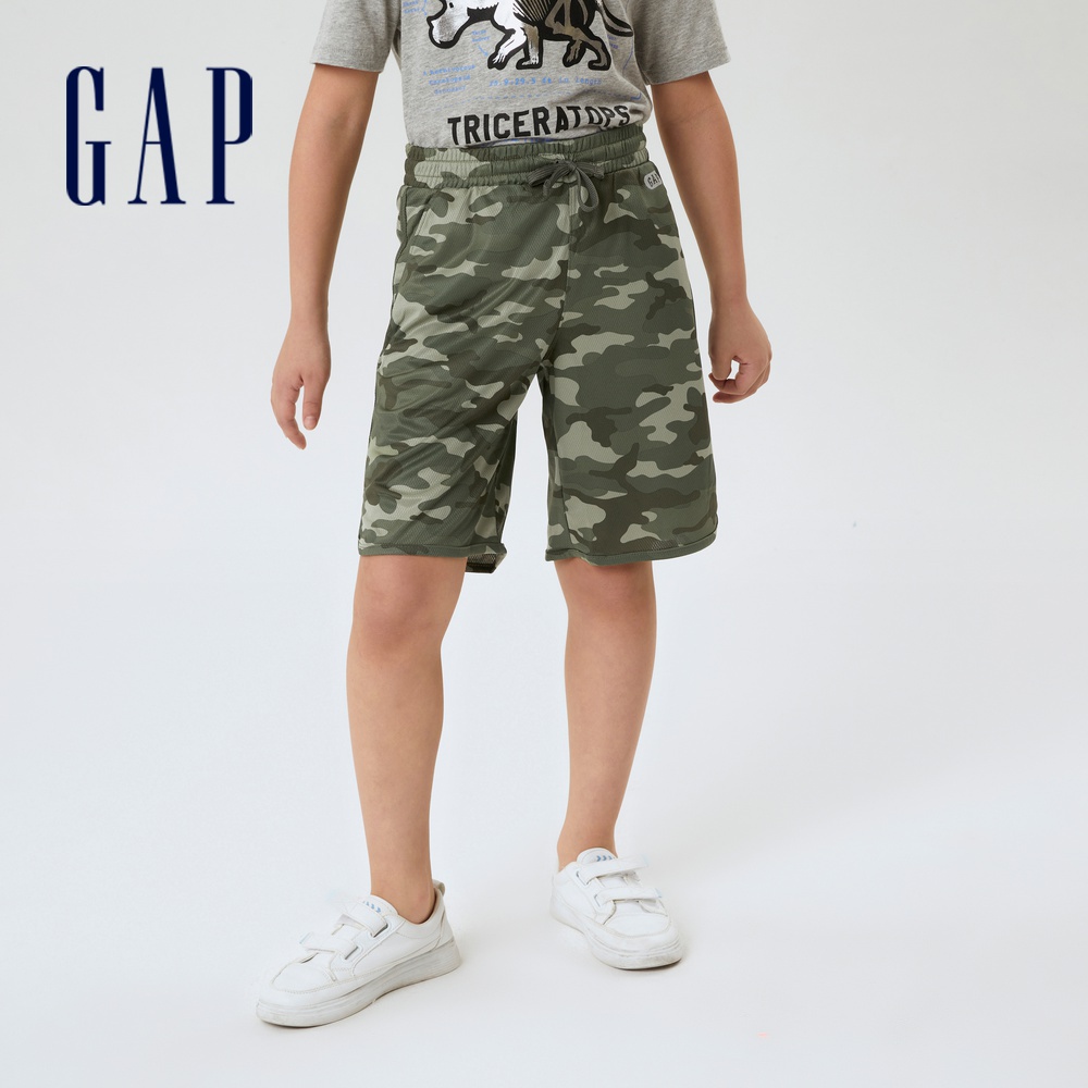 Gap 男童裝 時尚網面綁帶運動短褲-綠色迷彩(664159)
