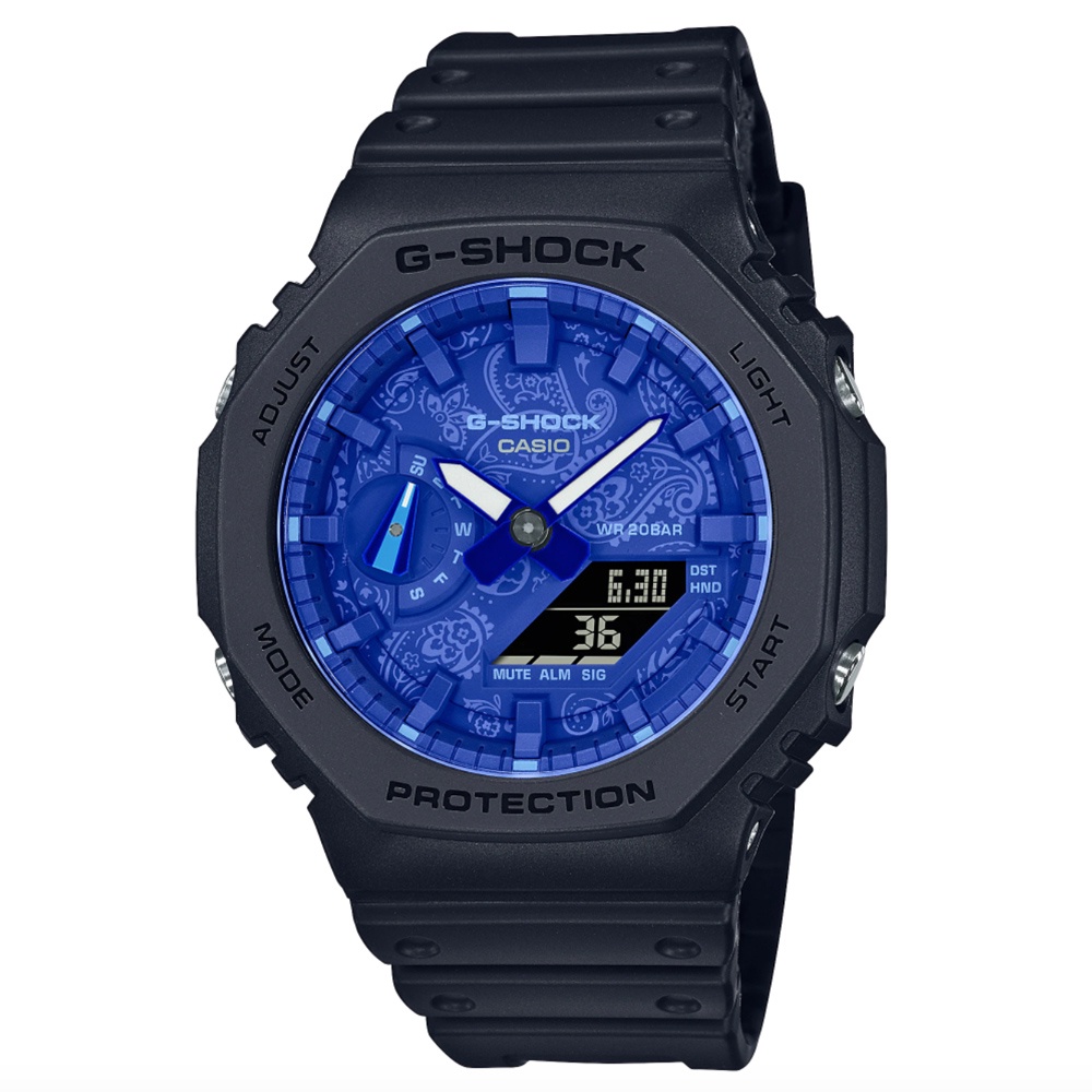 【CASIO 卡西歐】G-SHOCK 粗獷外型藍色變形蟲雙顯錶-八角形X藍黑(GA-2100BP-1A)