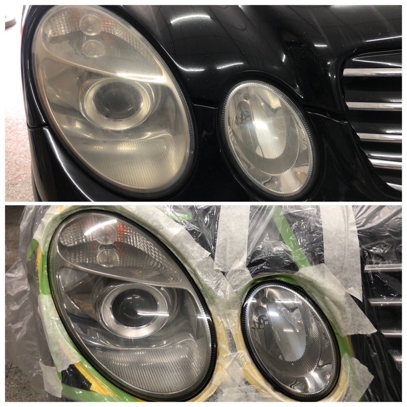 賓士大燈修復、Benz大燈修復、E350大燈修復、大燈氧化泛黃、大燈龜裂修復、大燈刮傷刮痕修復、抗uv硬化層重建