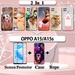 2 合 1 OPPO A15 A15s 手機殼帶鋼化玻璃曲面陶瓷螢幕保護膜貓狗