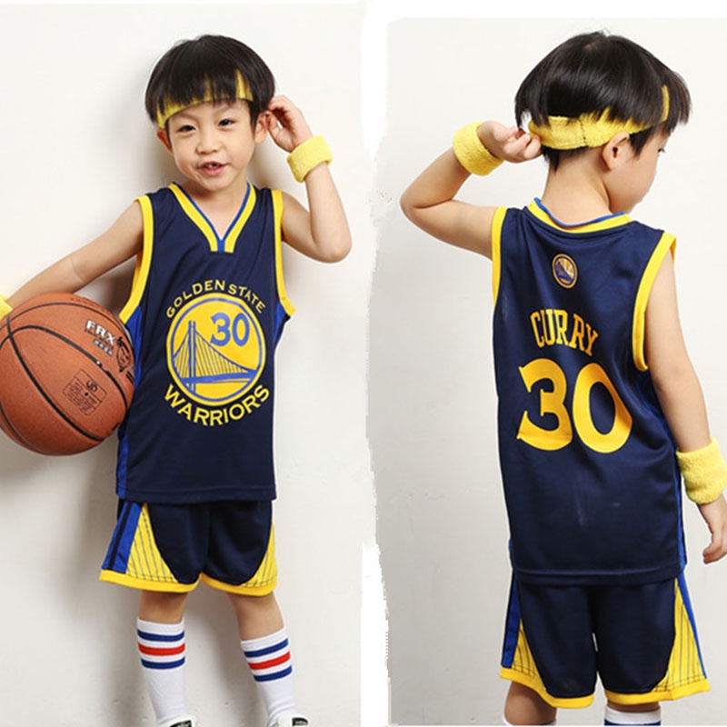 兒童 30 號庫裡 NBA 籃球球衣金州勇士隊運動服上衣 + 短褲速乾 V 領