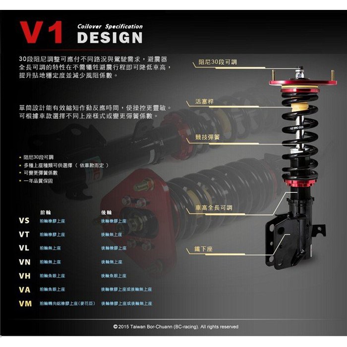 傑暘國際車身部品-高品質BC V1 30段高低軟硬可調式避震器CIVIC 8 CIVIC 9 FIT AURIS