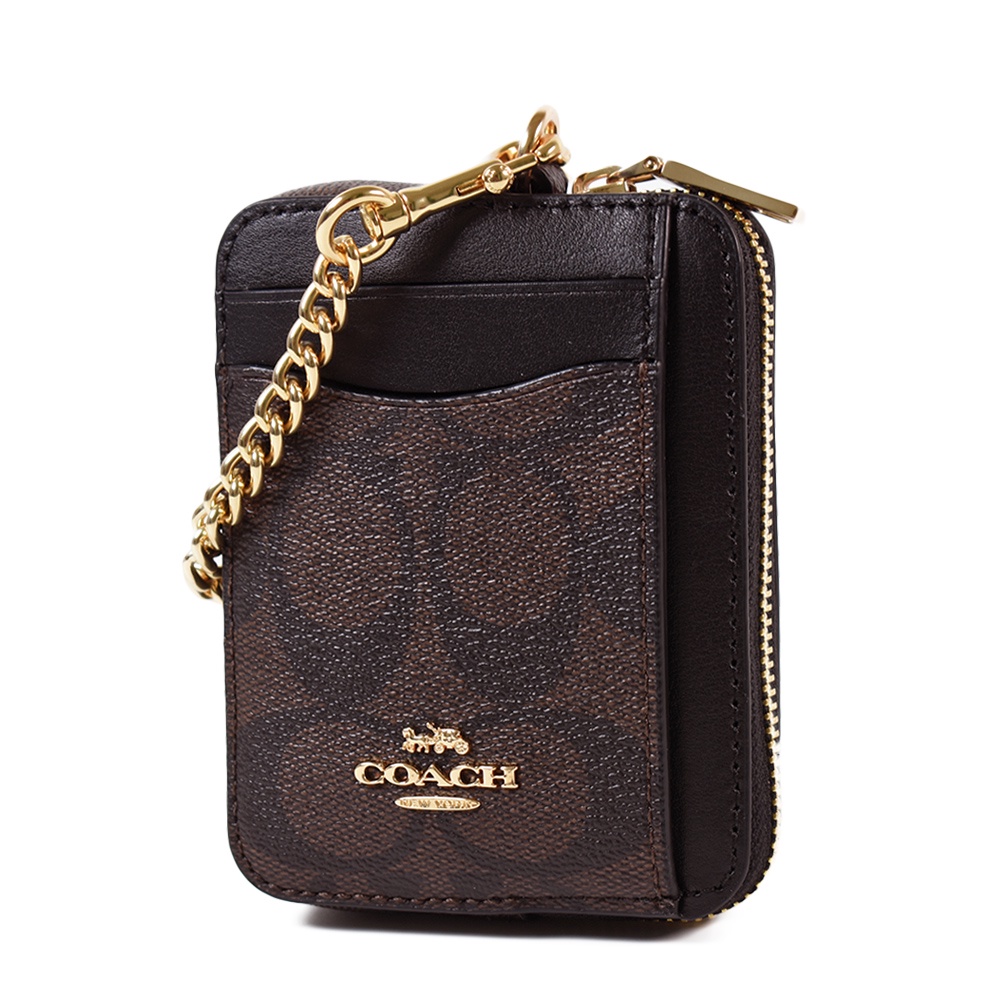 COACH 緹花LOGO鍊帶證件零錢包-咖啡色 【美國正品 現貨】