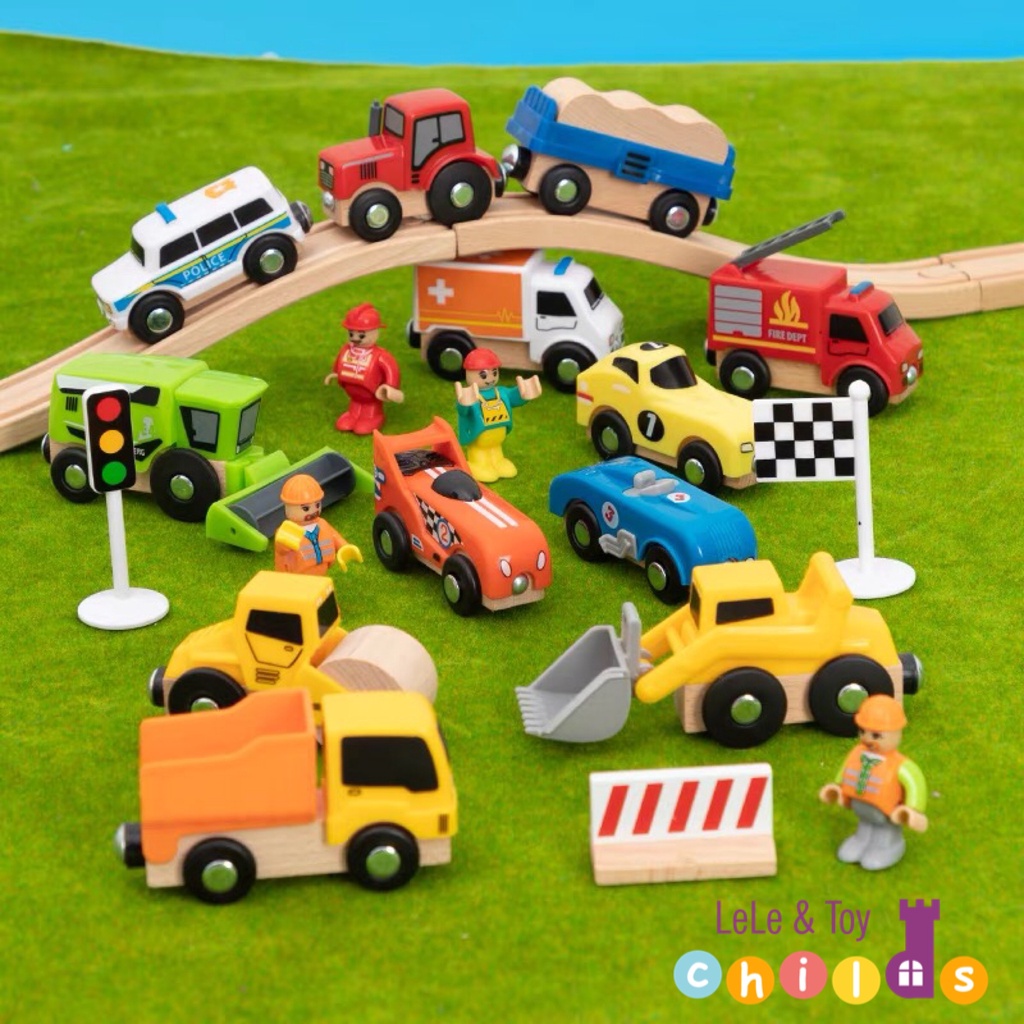 兼容IKEA木質軌道 多功能磁性小車套組 兒童玩具 主題小車  警察車 救護車 賽車 消防車 工程車 場景小車 火車軌道