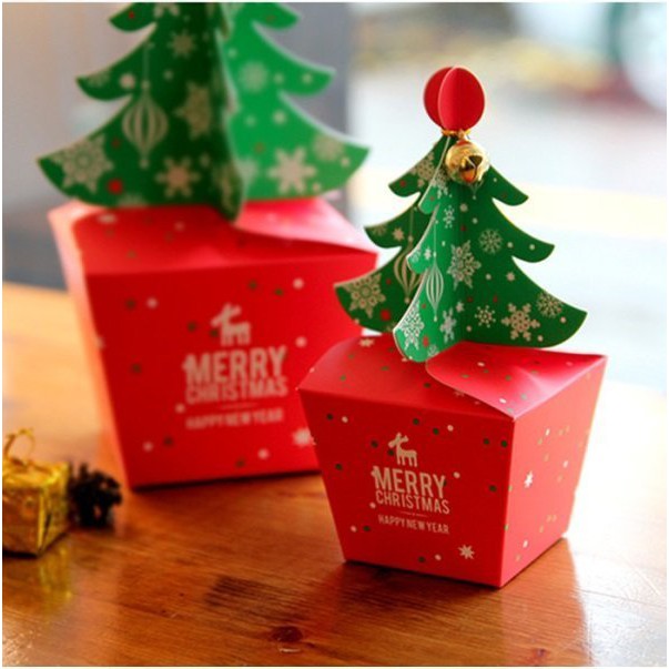 【嚴選SHOP】附金繩無鈴鐺 聖誕樹造型 平安夜蘋果盒 烘焙包裝 餅乾盒 交換禮物 蛋糕 西點 紙盒 糖果盒【X021】