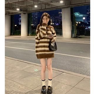 💛 毛衣女 針織毛衣 秋季條紋套頭翻領毛衣外套女 加厚情侶毛絨針織衫 寬松毛線衣外套 質感毛衣 針織衫