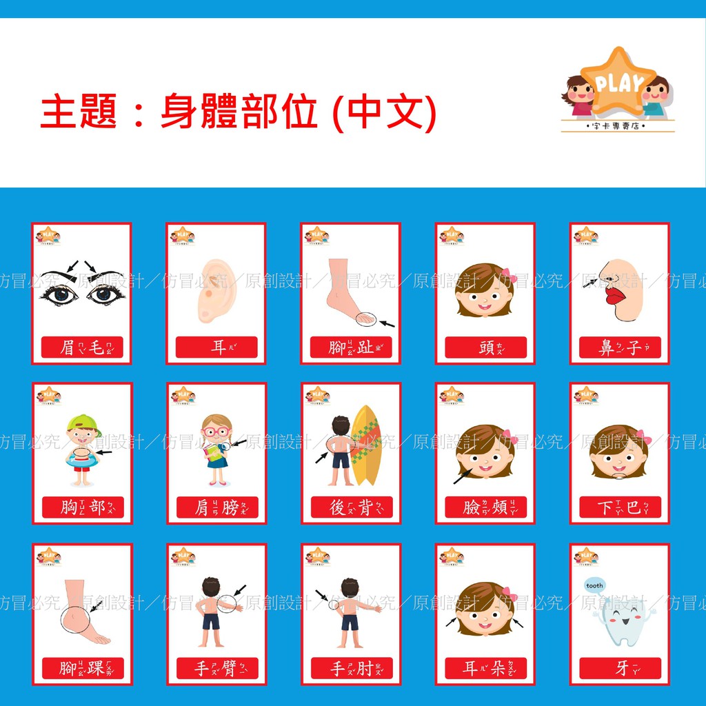 幼教老師 Play字卡 身體部位 英文國字注音原住民日文韓文 老師教學 閃卡單字卡圖卡識字卡教具 獨家權版自製 蝦皮購物