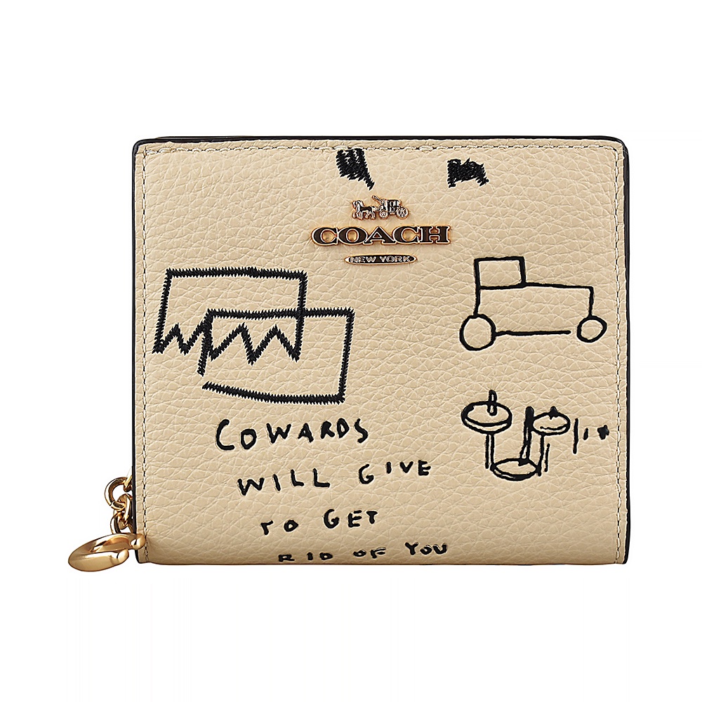 COACH X Jean-Michel Basquiat金字LOGO荔枝紋牛皮飾藝術圖案3卡扣式短夾(奶茶)