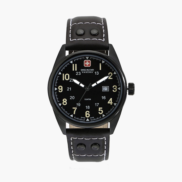 【SWISS MILITARY HANOWA】瑞士軍錶簡約素面日期真皮腕錶-時尚黑/SM13212JSBDB.H02/