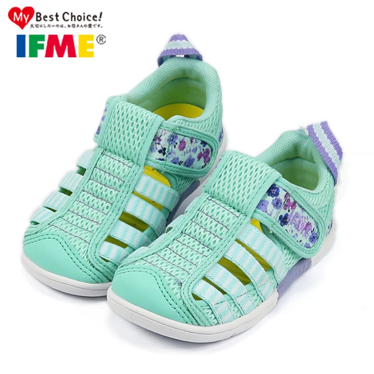 童鞋 日本IFME中童款 碎花款湖綠色透氣機能水涼鞋.包頭涼鞋(IF22-802155)15-19號
