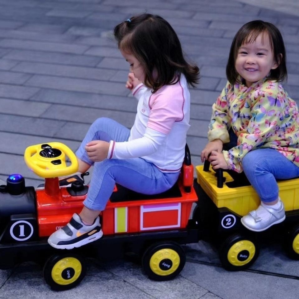 #現貨 免運#小火車兒童電動車四輪雙人玩具車可坐人雙驅動力仿真噴霧可充電