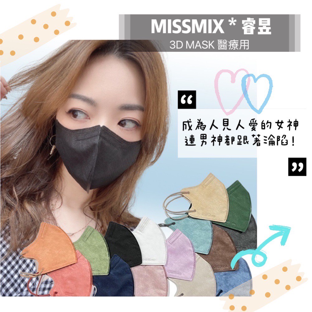 MissMix獨立包裝 面膜級口罩 3D立體醫療口罩 不脫妝我就是女王 敏感肌 化妝 痘痘肌 舒適耳帶 台灣製造