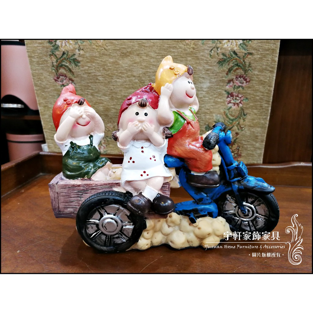 【現貨】三隻尖帽小矮人摩托車勿聽勿言勿視擺飾 波麗娃娃 公仔 可愛童話鄉村風 送禮 店面民宿裝飾　。宇軒家居生活館。