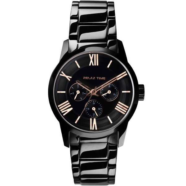 RELAX TIME RT65對錶系列不鏽鋼黑電鍍藍寶石玻璃鏡面防水石英腕錶（黑x玫）女38mm_RT-65-2L
