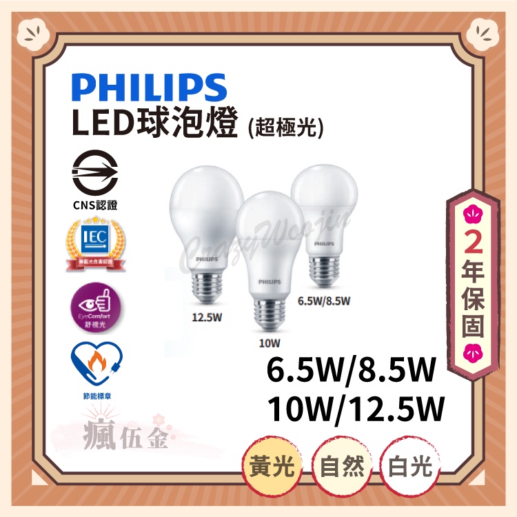 【滿3000免運！】PHILIPS 飛利浦 LED球泡燈 超級光 6.5W 8.5W 10W 12.5W 黃光 自然光