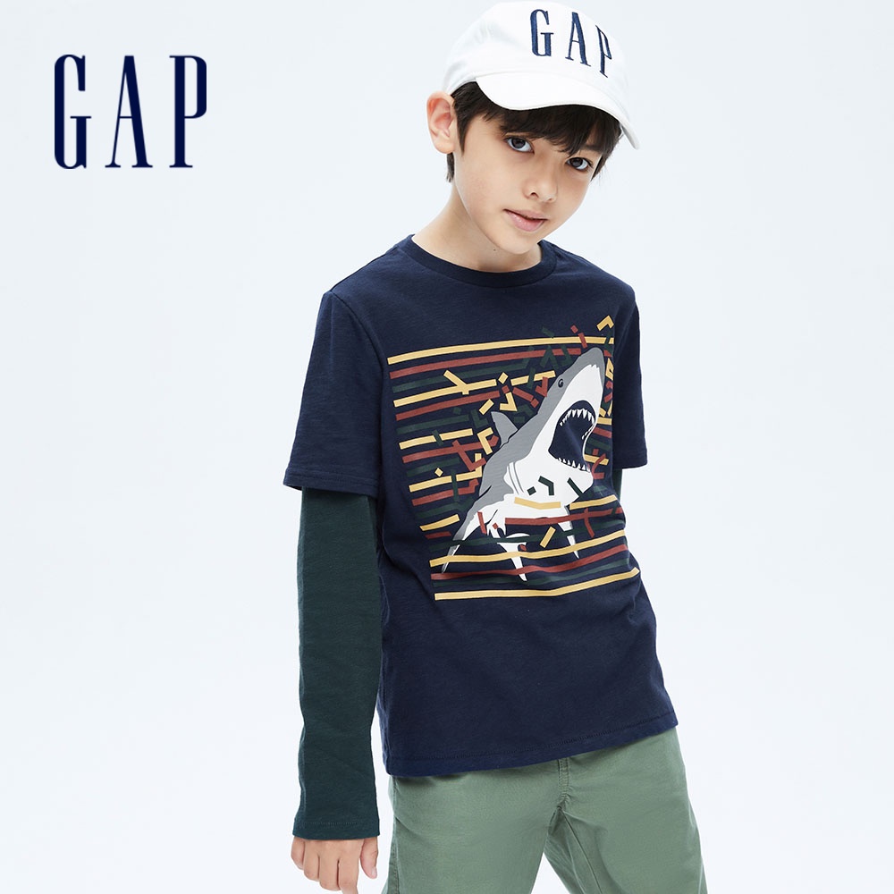 Gap 男童裝 純棉假兩件印花長袖T恤-海軍藍(707865)