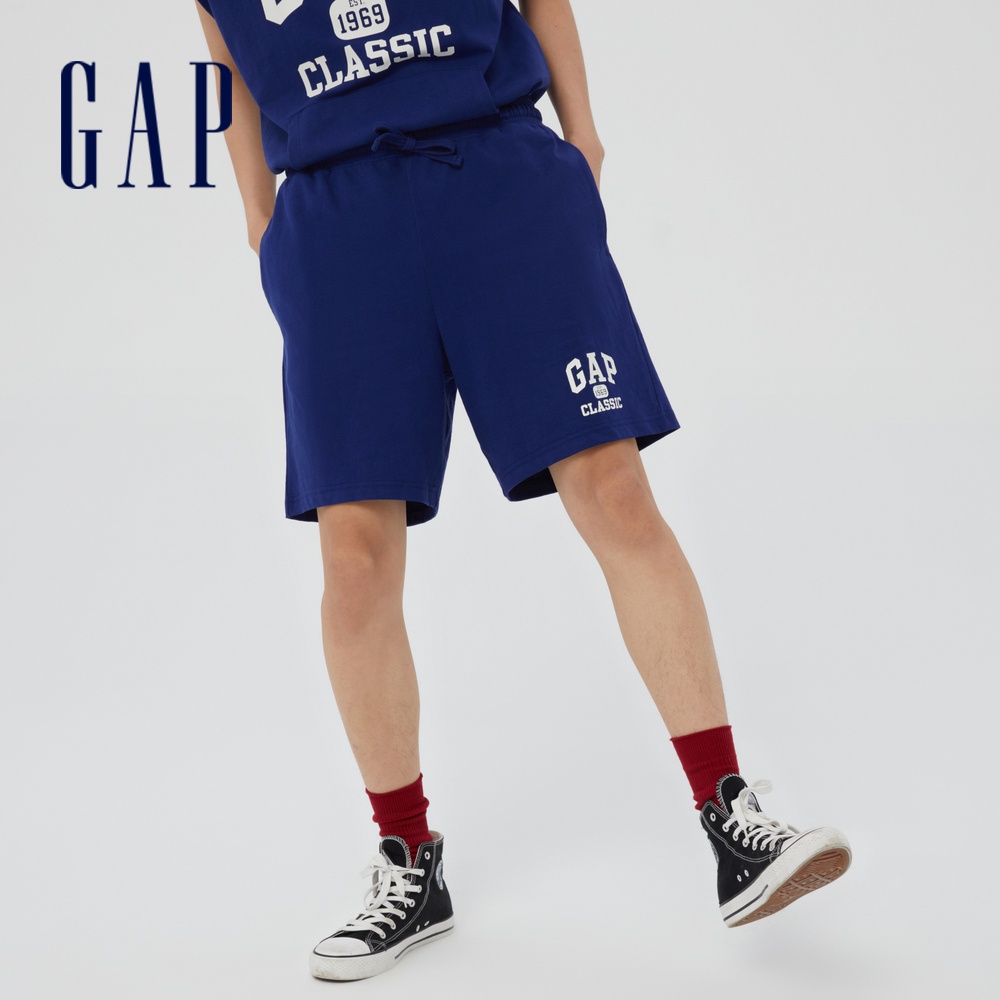 Gap 男女同款 Logo運動短褲 厚磅密織水洗棉系列-深藍色(858385)