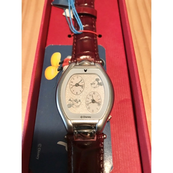 Disney 米奇米尼 手錶 時差錶 皮手錶 收藏品 絕版了喔~