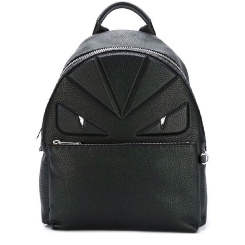 全新真品 FENDI "FACES" LEATHER BLACK BACKPACK 經典怪獸荔枝小牛皮 / 後背包黑色