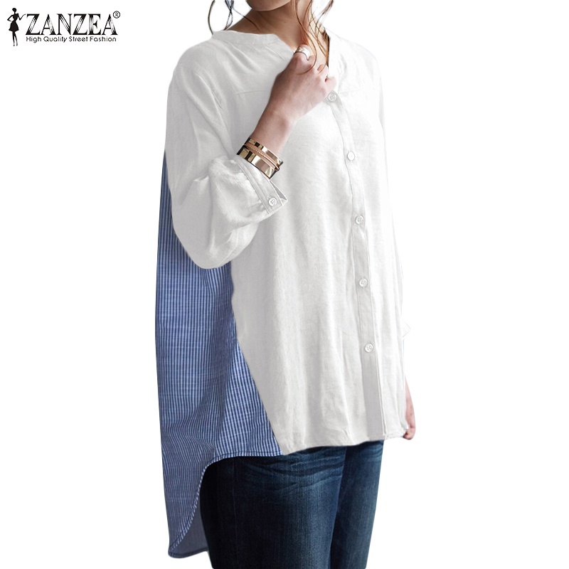 ZANZEA Women's 韓國街頭時尚 3/4 袖 V 領條紋高低休閒上衣