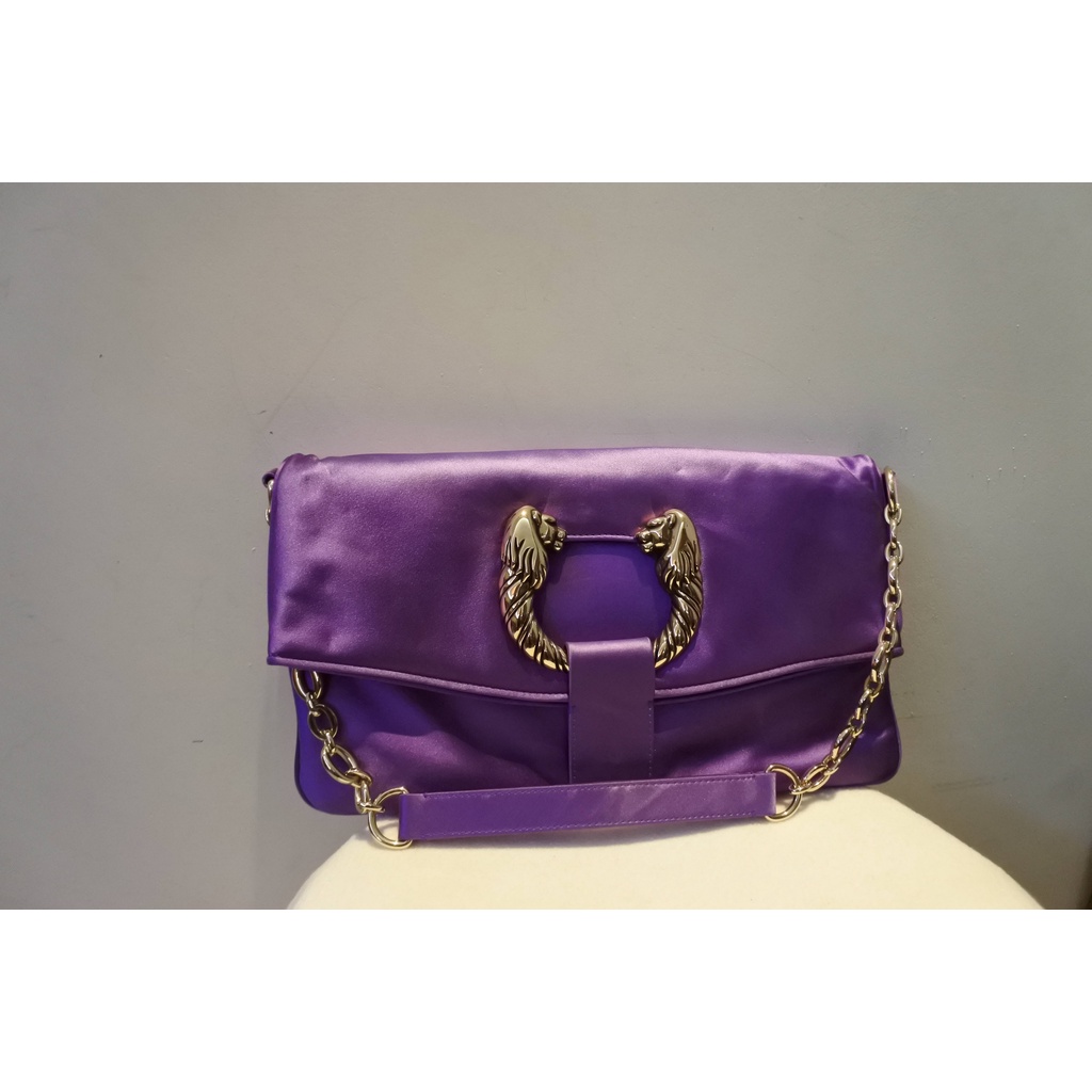 二手 BVLGARI purple satin leoni flap clutch bag 紫色翻蓋鏈包