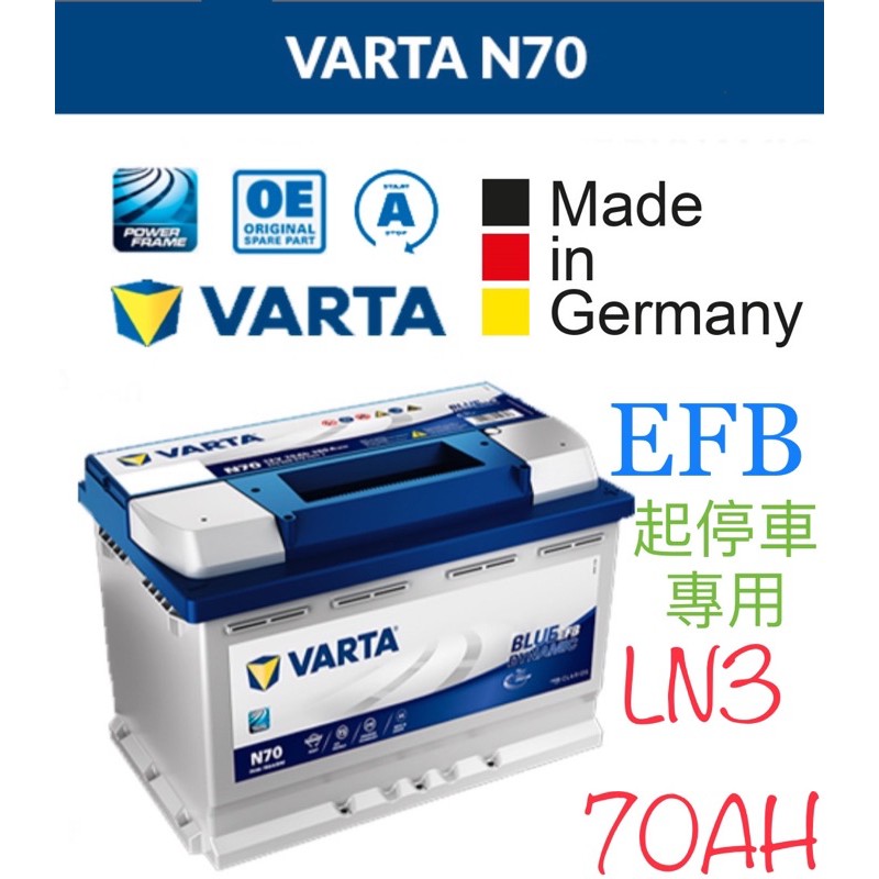 德國🇩🇪原裝VARTA EFB 70AH N70 LN3歐規電瓶 DIN70 57014怠速啟停Peugeot GOLF