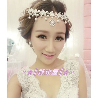 。☆║野玫屋║☆。新娘飾品-婚紗禮服造型攝影舞臺配飾-蕾絲珍珠項鍊/額鍊2用款