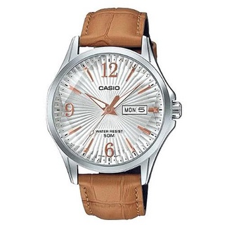 【CASIO】卡西歐 六芒星璀璨閃耀精緻皮帶紳士錶白X玫瑰金X棕色錶帶 MTP-E120LY-7A 臺灣卡西歐保固一年