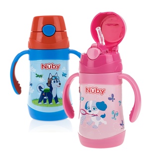 【Nuby】不銹鋼真空學習杯(細吸管) 280ml｜領航犬 花漾犬 防滑 配件可另購
