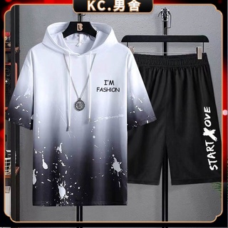 KC.【M-5XL】大碼男裝 男生套裝 休閒套裝 冰絲運動套裝 帽t短褲兩件式 上衣 短褲 涼感 噴墨 寬鬆版型