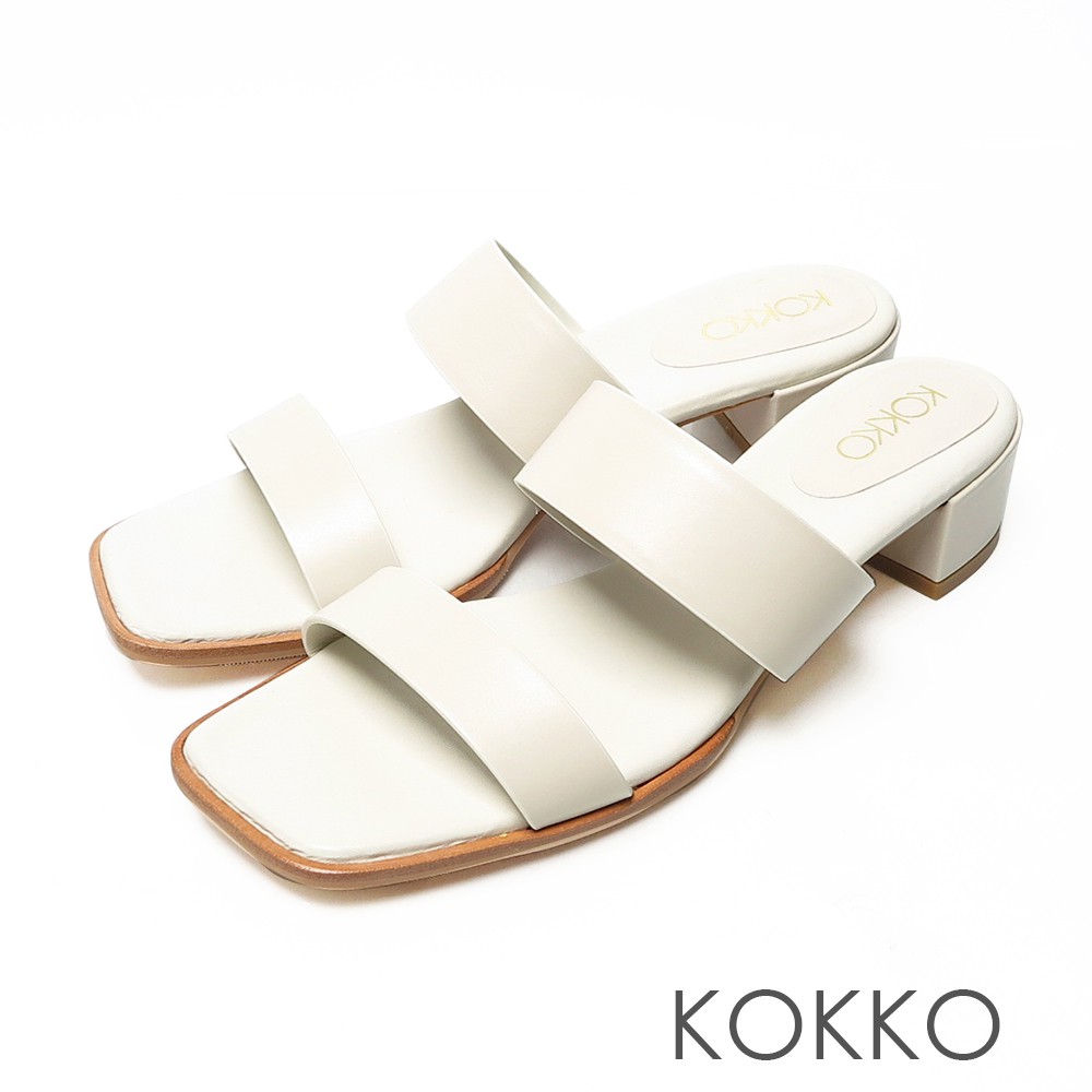 KOKKO極簡時髦方頭一字帶粗跟牛皮涼拖鞋白色