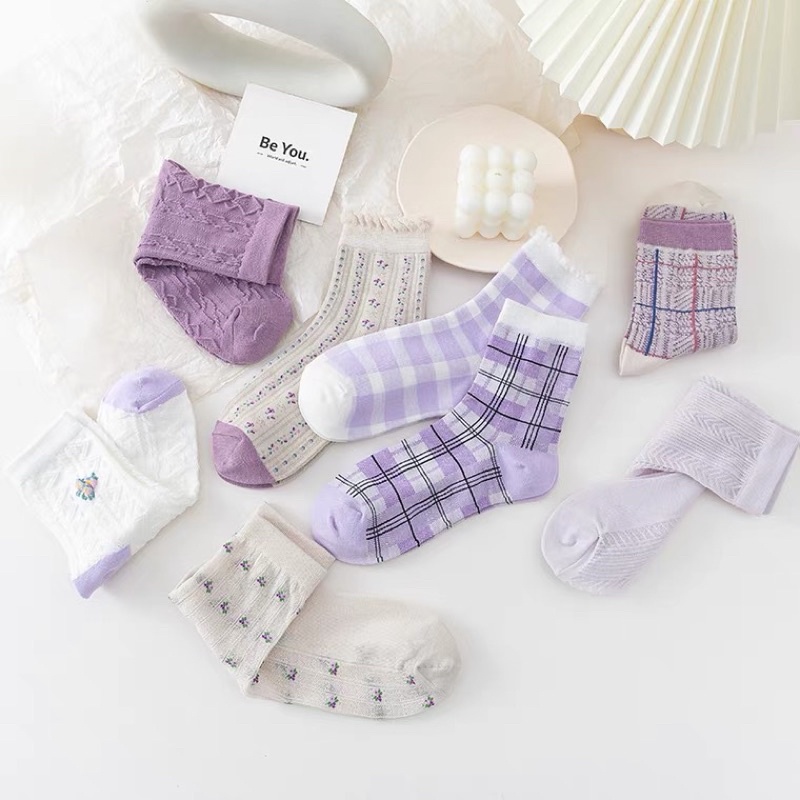 【MayLeaf美麗選物】💜薰衣草紫色襪子💜（台灣現貨）浪漫紫色 碎花甜美少女風 日系可愛 透氣襪子