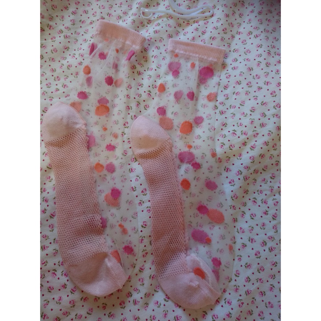 全新品  彈性襪 女生 蕾絲 透明 彈性 短襪 襪子  (粉紅色, 粉橘色 圓點點)  22~26cm適穿 (優格雅築)