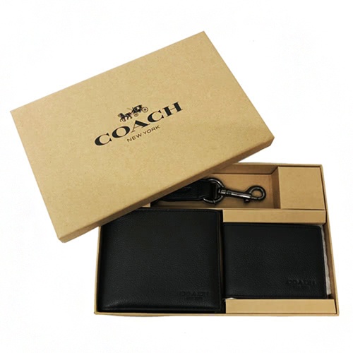 【COACH】男款8卡短夾附鑰匙圈活動證件夾禮盒(黑)