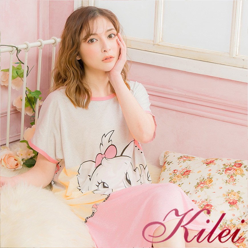 【Kilei】貓咪撞色牛奶絲短袖連身裙睡衣XA4017-02(平靜灰)全尺碼