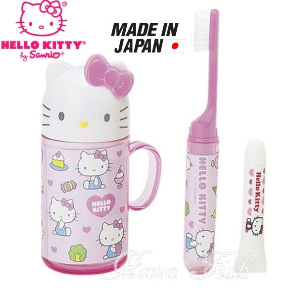 花花魚~日本 sanrio  Hello Kitty 粉紅盥洗組/牙刷/牙膏/漱口杯/旅行組 《 凱蒂貓造型蓋子 》