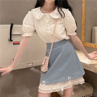 小清新學院風甜美繡花襯衣 日系少女款花邊A字半身裙時尚兩件套