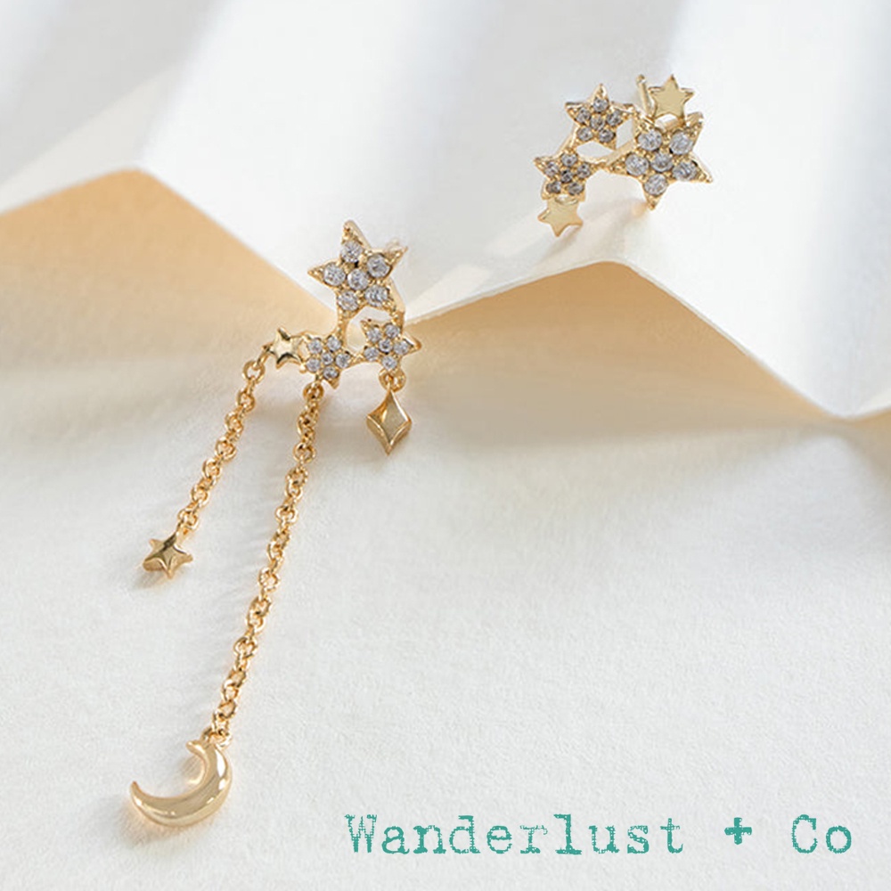 Wanderlust+Co 澳洲品牌 鑲鑽星星流蘇耳環 金色月亮垂墜式耳環 Wish Upon The Stars